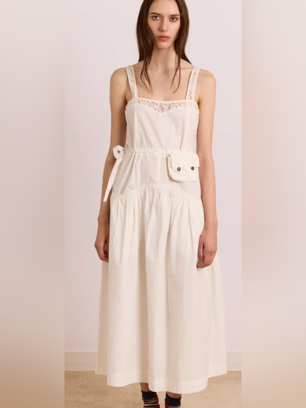 Cream Lace-Detail Midi Sundress with Side Tie - Picture 2 of 2